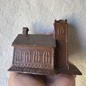Vintage Little Brown Church Paperweight Heavy Metal Mid Century Souvenir Iowa